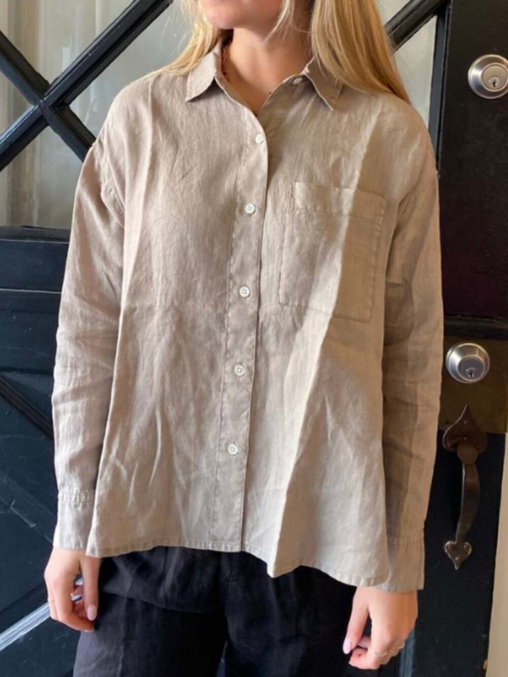 James Perse Linen Button Up Blouse Tan Natural Long Sleeves Oversized XS